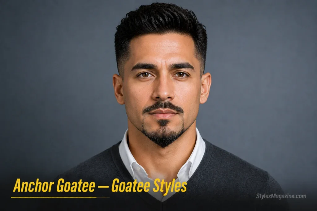 Man with an anchor goatee, pointed chin section with soul patch and thin trace along the jaw, detached mustache