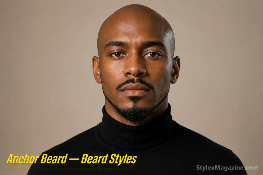Anchor beard on a bald man with thin jawline band, widening to a pointed chin section, and a detached mustache
