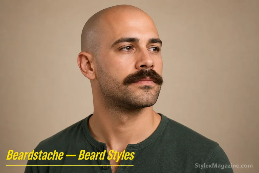 Beardstache on a bald man with thick prominent mustache over short heavy stubble on the rest of the face
