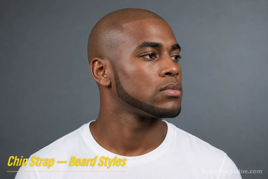 Chin strap beard on a bald man with thin strip of hair following the jawline from ear to ear
