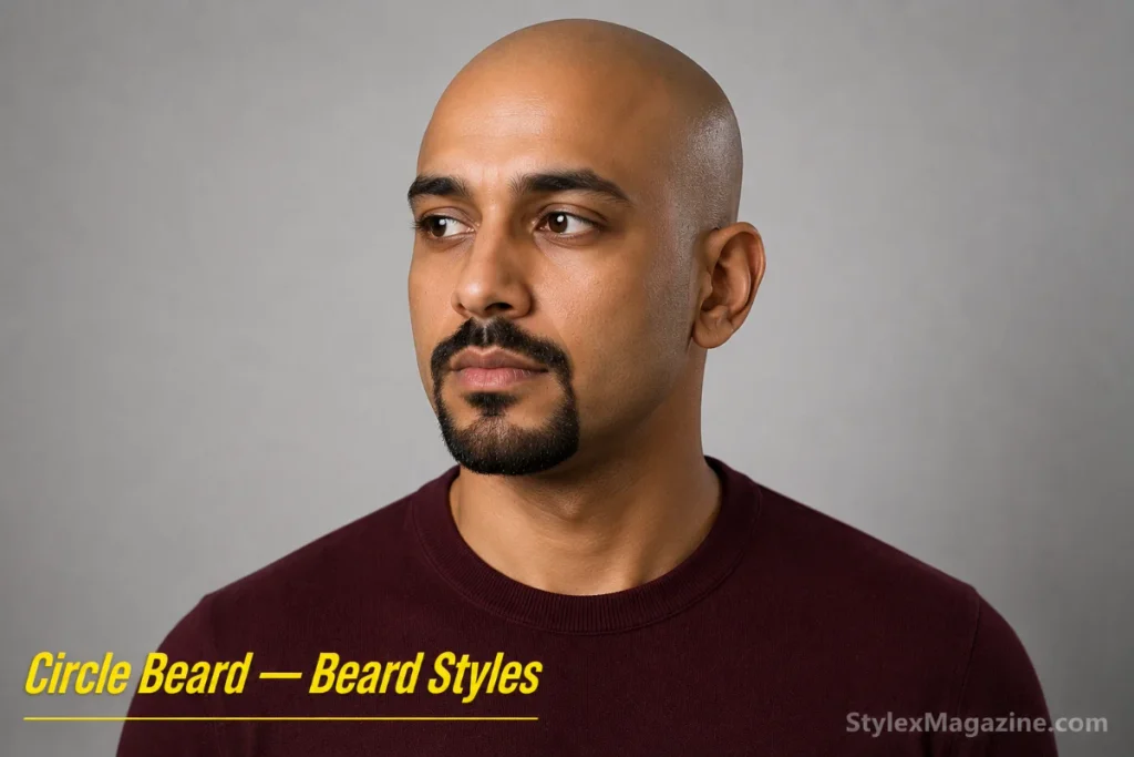Circle beard on a bald man with rounded chin beard connected to mustache in a continuous ring, cheeks clean