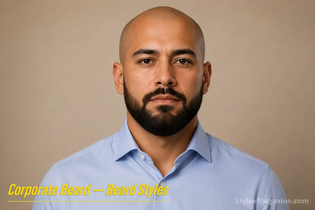 Corporate beard on a bald man, 1-2 inches, fully grown cheeks with sharp edges and polished appearance