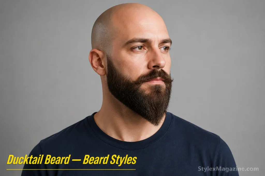 Ducktail beard on a bald man with rounded cheeks tapering to a point at the chin