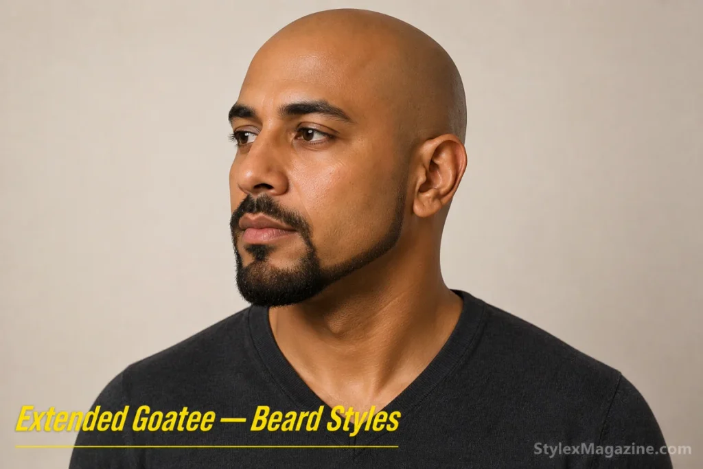 Extended goatee on a bald man with chin beard extending along the jawline toward the ears, cheeks clean