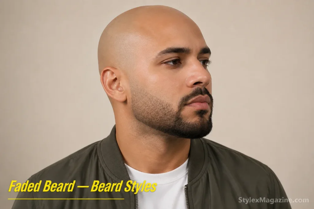 Faded beard on a bald man showing seamless gradient from bare skin at the sideburn area through progressively longer stubble into full-density beard at the chin
