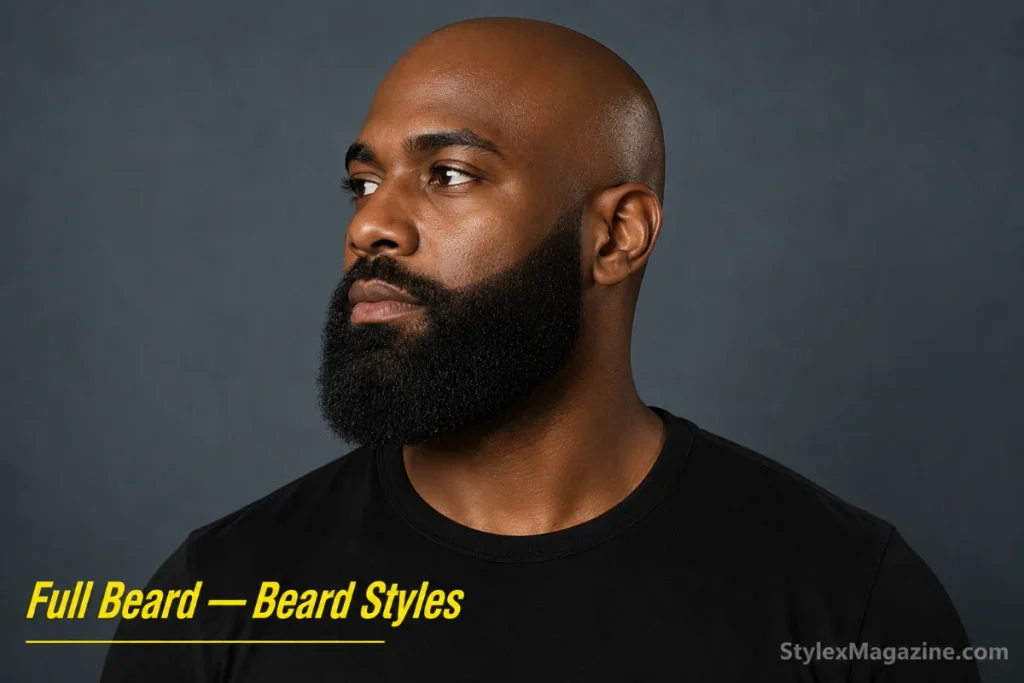 Full beard on a bald man, 2-3 inches of dense coverage with natural cheek line and defined neckline