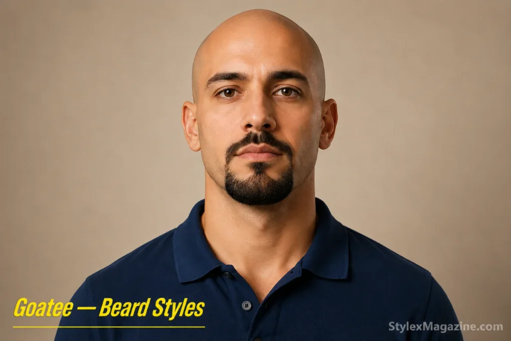 Classic goatee on a bald man showing chin beard and mustache with clean-shaved cheeks