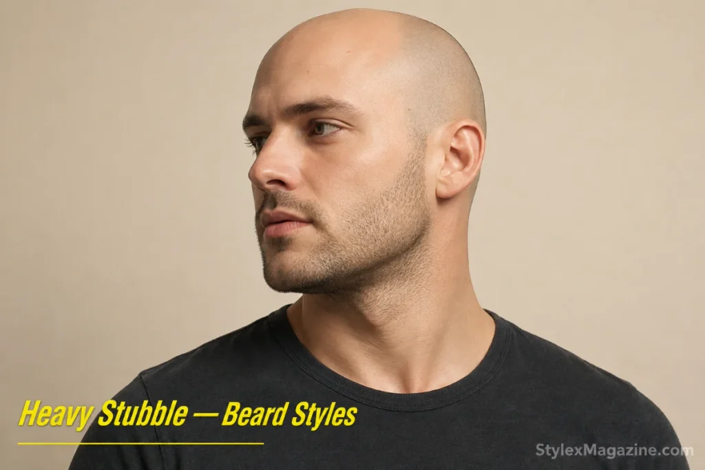 Heavy stubble beard on a bald man, 4-5mm length creating shadow along the jawline against a clean-shaved scalp