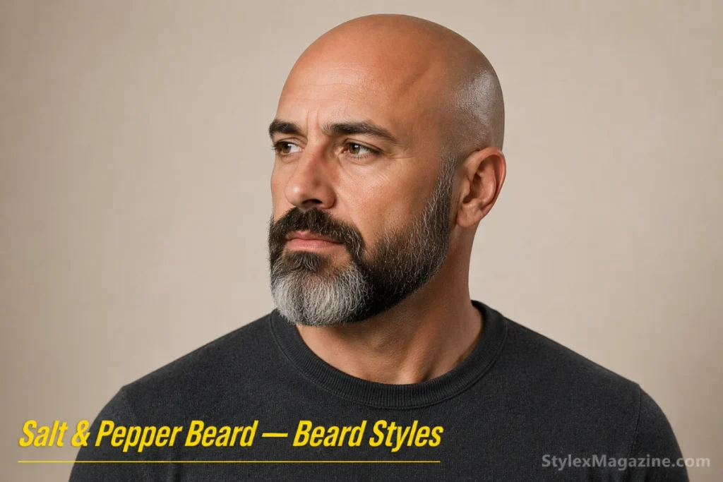 Salt and pepper beard on a bald man, mixed grey and dark hair adding visual texture against a polished scalp