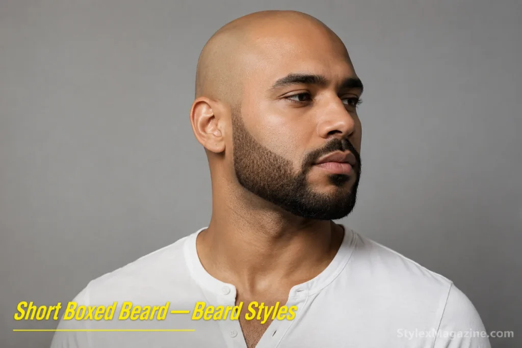 Short boxed beard on a bald man with defined cheek and necklines, half-inch to one inch length with squared edges