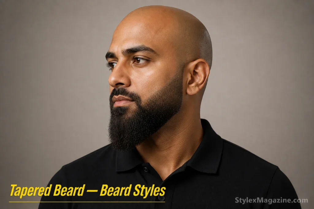 Tapered beard on a bald man with short hair at the sideburns gradually increasing to full length at the chin