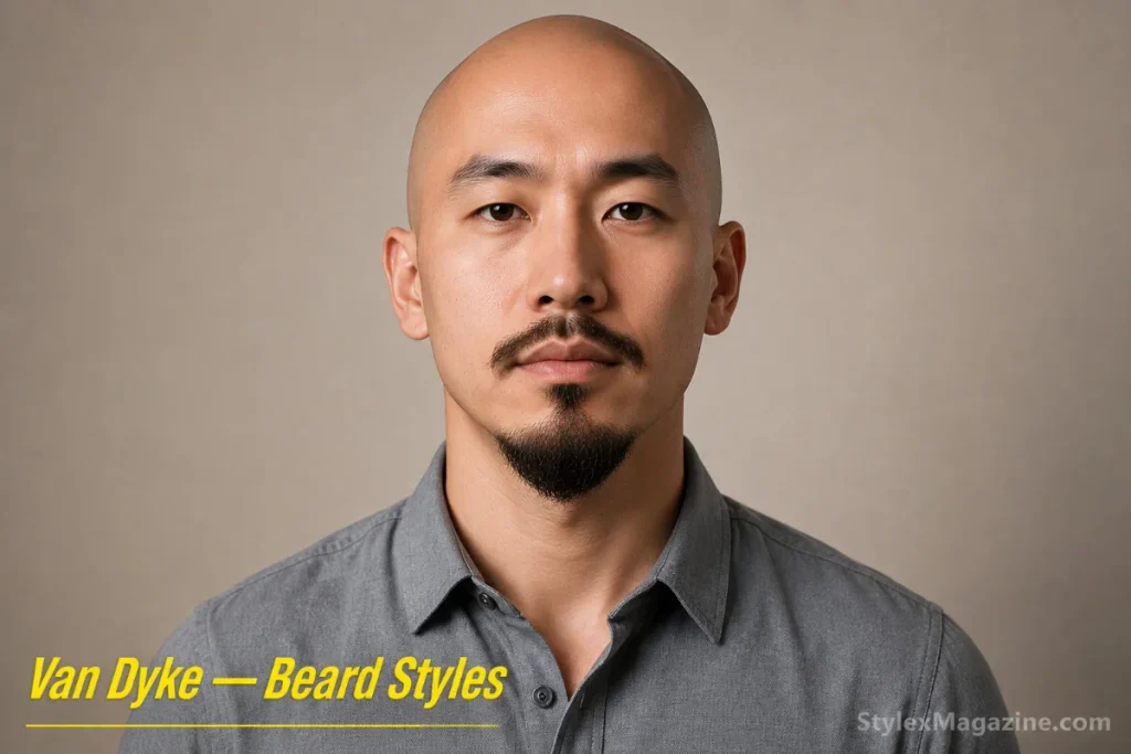 Van Dyke beard on a bald man with pointed chin beard and disconnected mustache, clean cheeks