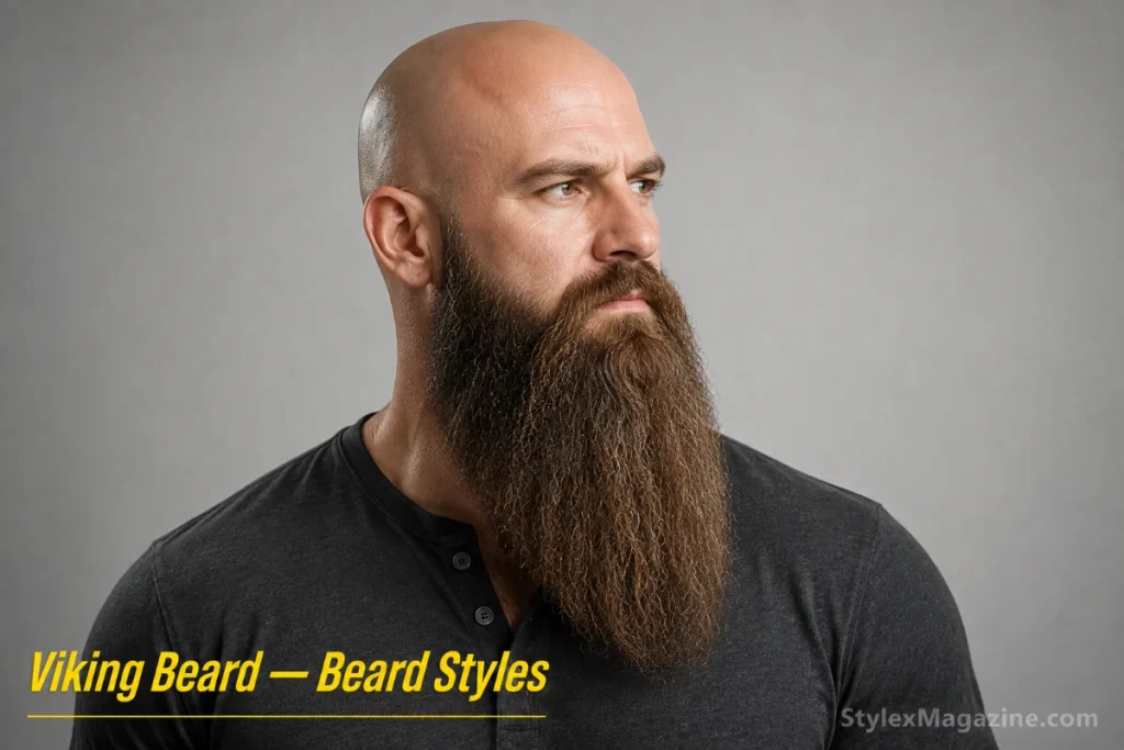 Long Viking-style beard on a bald man, 4+ inches of dense textured growth against a polished scalp