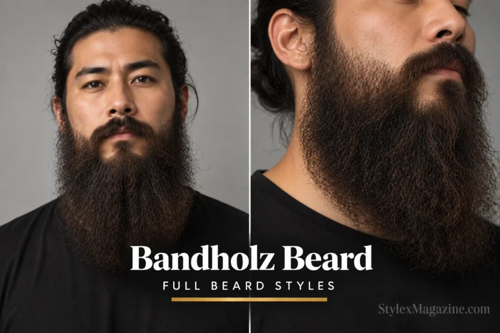Bandholz beard grown long without shaping with natural growth pattern and thick mustache blending into beard, front view and close-up jawline