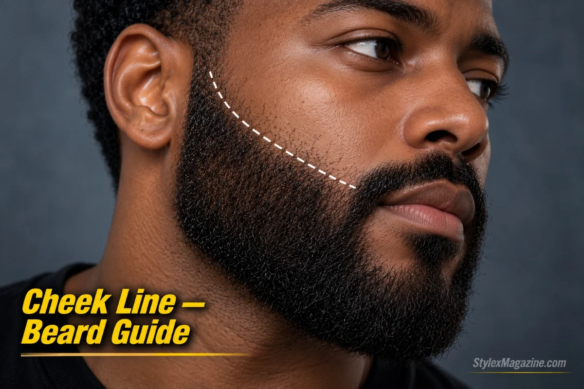 Man showing natural beard cheek line traced from sideburn to mouth corner with stray hairs above