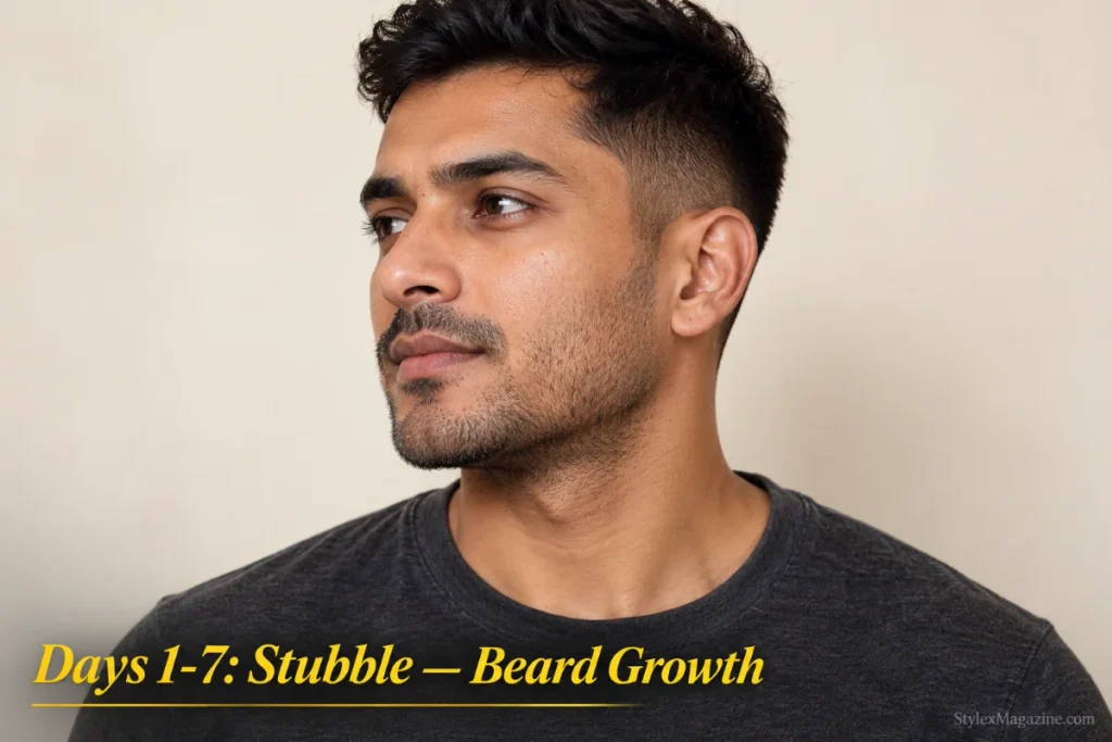 Man with 5-7 days of stubble growth showing the beginning stage of beard growth