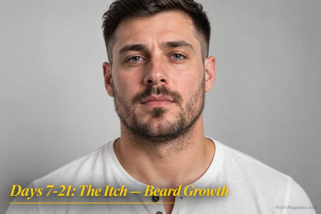 Man with 2-3 weeks of ungroomed beard growth showing patchiness and skin irritation during the itch phase