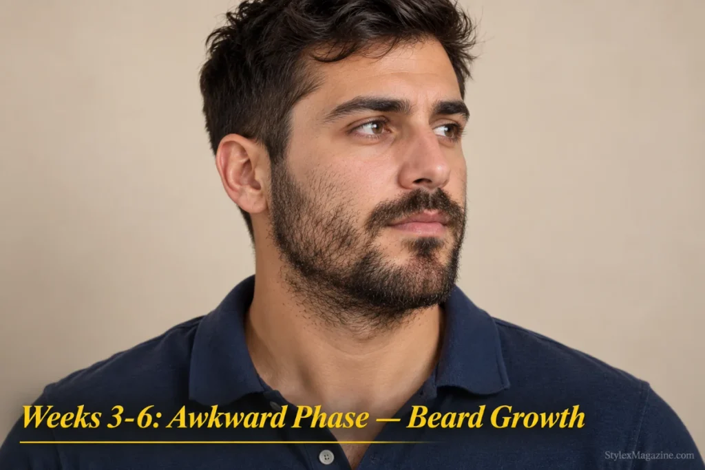 Man with 4-5 weeks of ungroomed beard growth in the awkward phase, long enough to show but not shaped