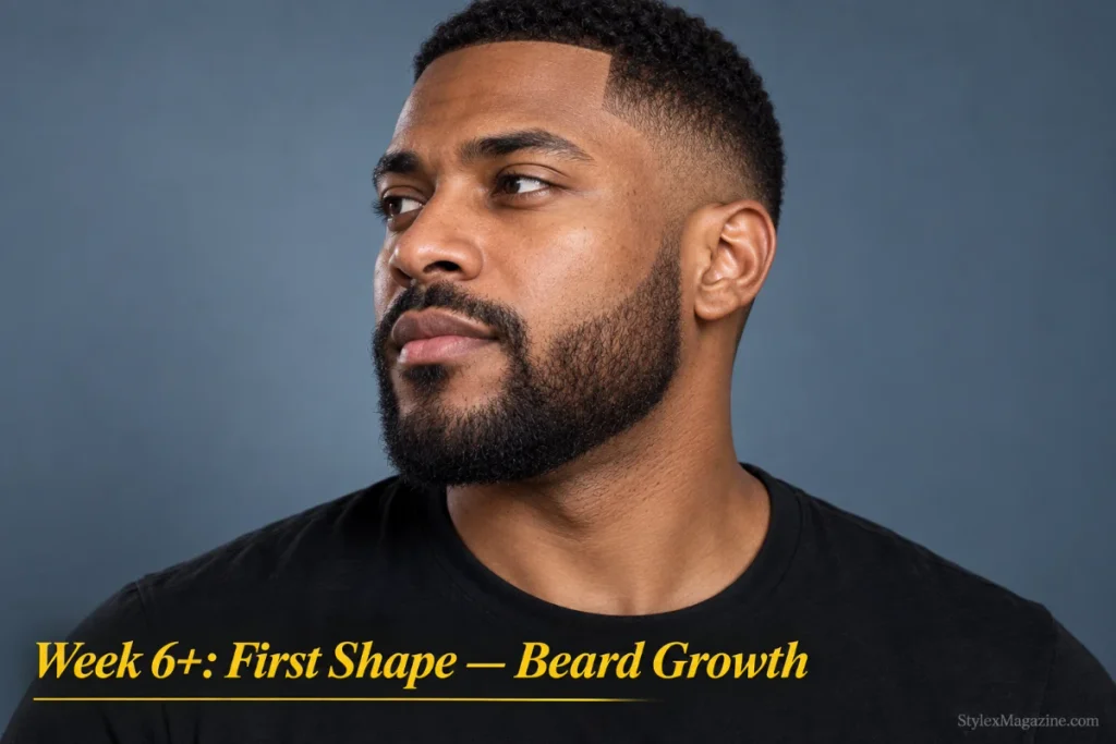 Man with 6-8 weeks of beard growth professionally shaped for the first time with defined neckline