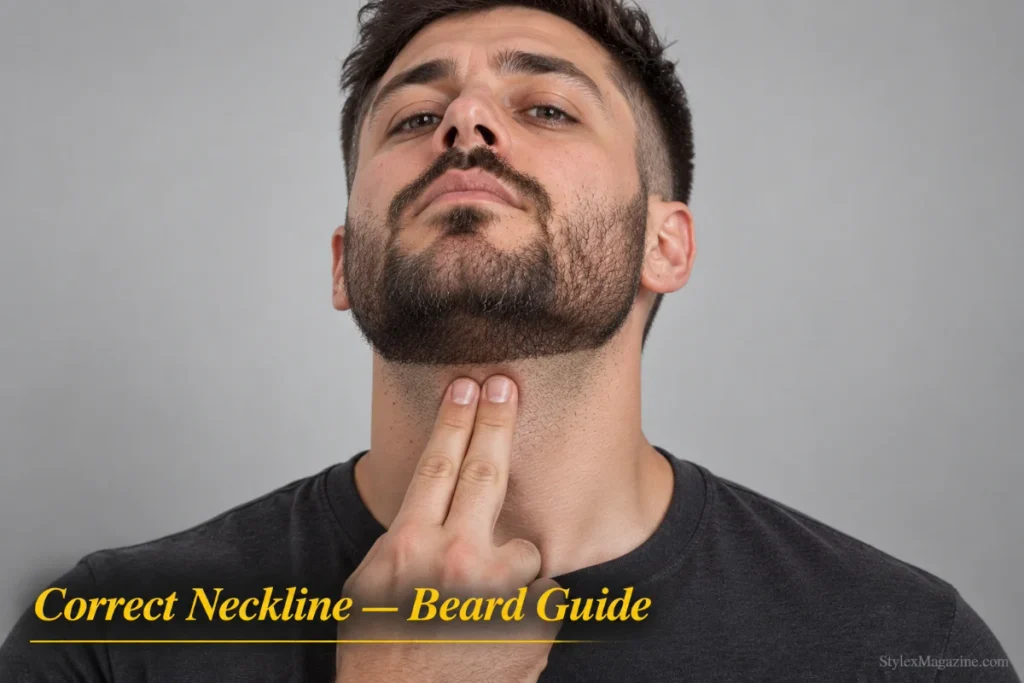 Man tilting chin up showing correctly placed beard neckline set two finger-widths above the Adam's apple