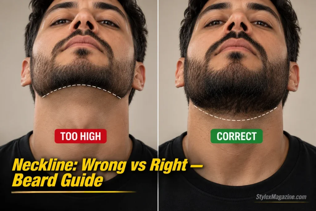 Side-by-side comparison showing a neckline set too high at the jawline versus correctly placed above the Adam's apple