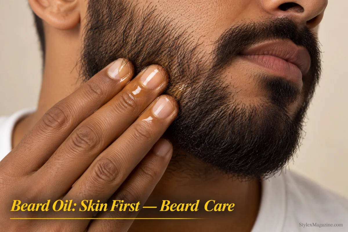Close-up of fingers applying beard oil to the skin underneath a short beard, showing the correct technique