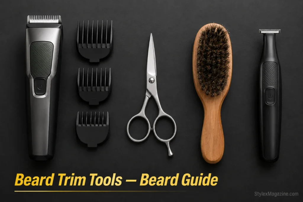  Four essential beard trimming tools laid out: cordless trimmer with guards, scissors, boar bristle brush, and detail trimmer 