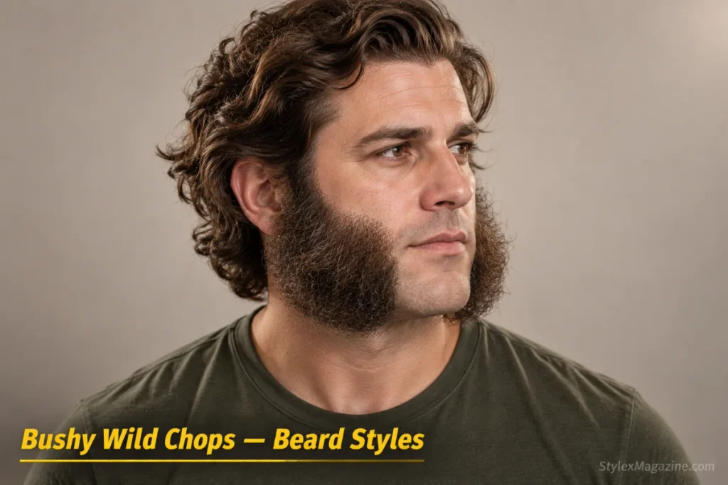 Man with bushy wild mutton chops: untamed, voluminous sideburns with natural texture and rough edges