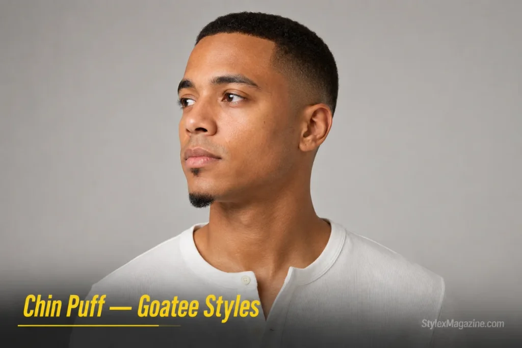 Man with a chin puff, a small concentrated patch of hair on the chin point only, everything else clean