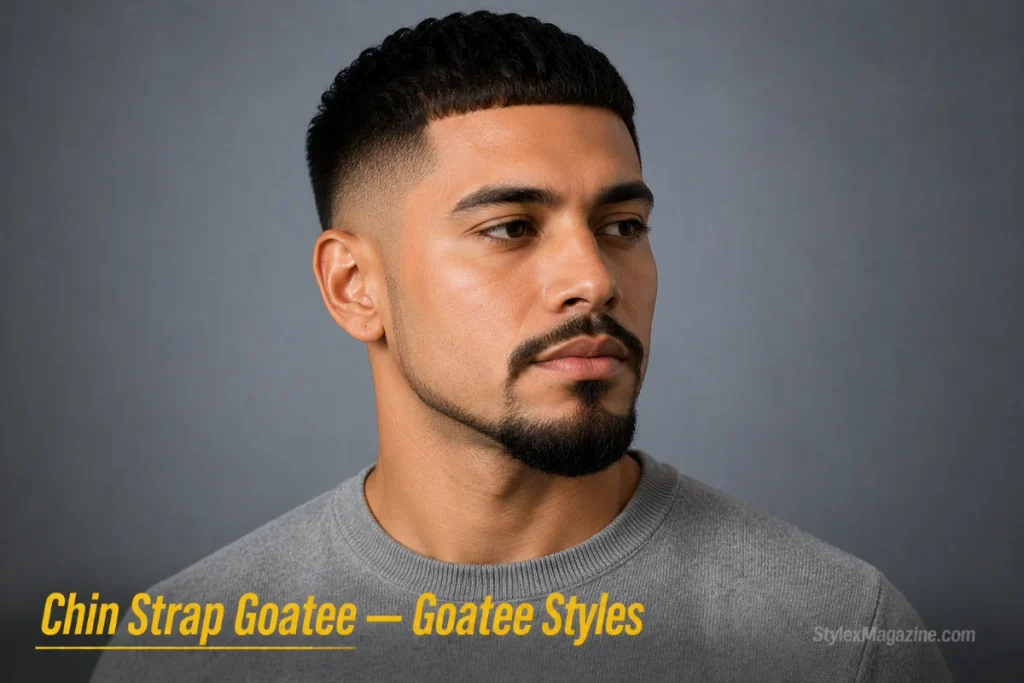 Man with a chin strap goatee, goatee at the chin connected to a thin jawline band running from ear to ear