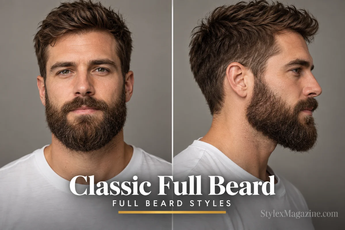 Classic full beard on a man showing even growth across cheeks and jawline with a defined neckline, front and side profile view