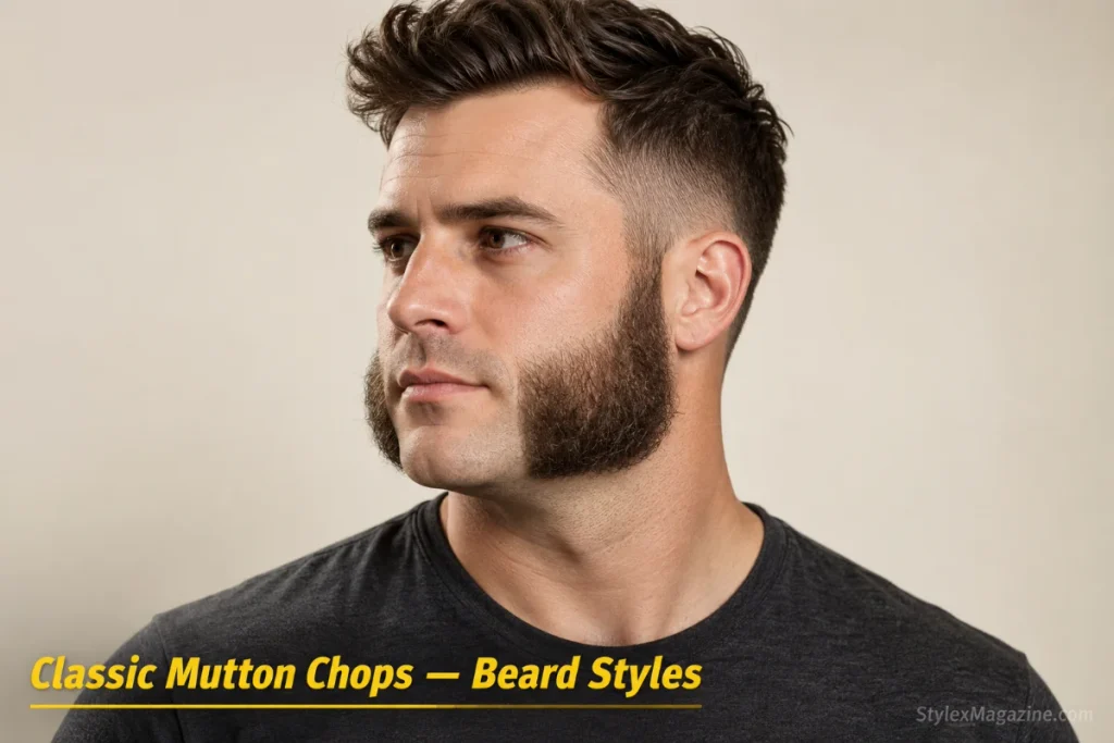 Man with classic mutton chops: thick sideburns extending down the cheeks to the jaw corners, chin clean-shaven, no mustache