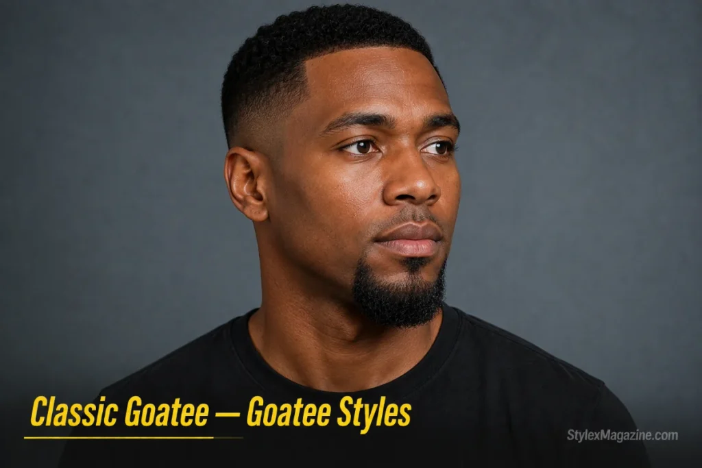 Man with a classic goatee, chin hair only with no mustache and clean-shaven cheeks