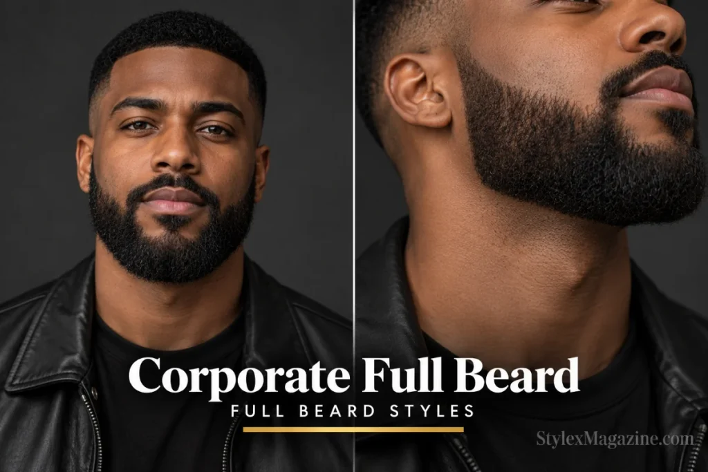 Corporate full beard at 25mm length with crisp neckline and refined cheek lines, front view and close-up jawline detail