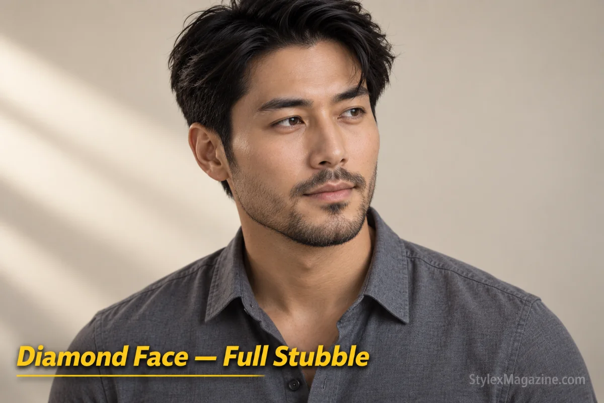 Man with a diamond face shape wearing full stubble that enhances the jawline without adding cheek width