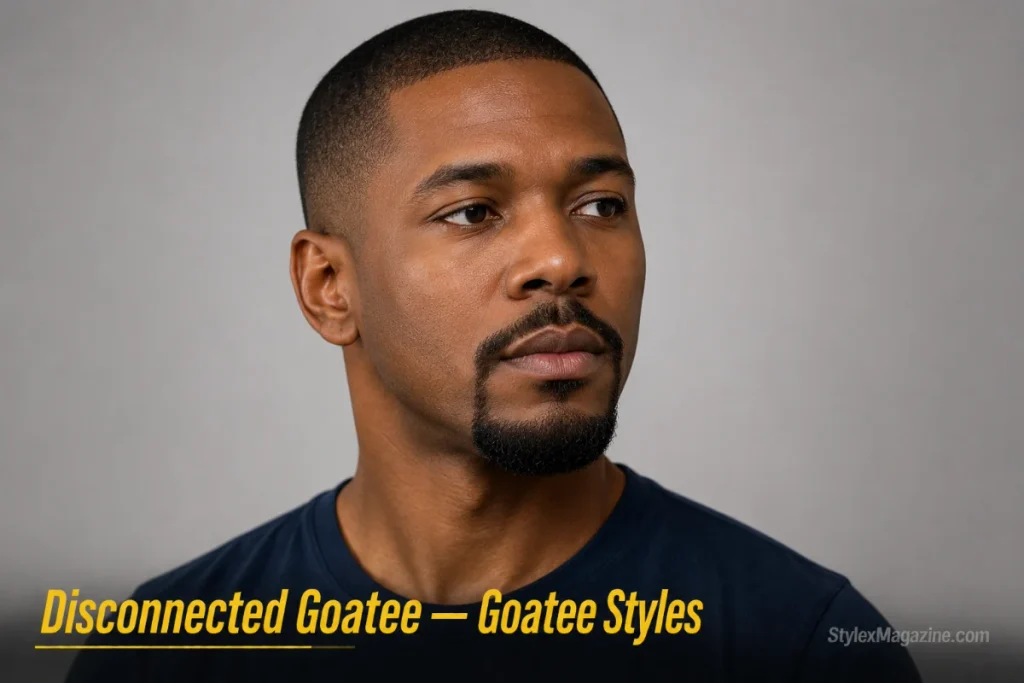Man with a disconnected goatee, mustache and chin beard both present but separated by bare skin at the mouth corners