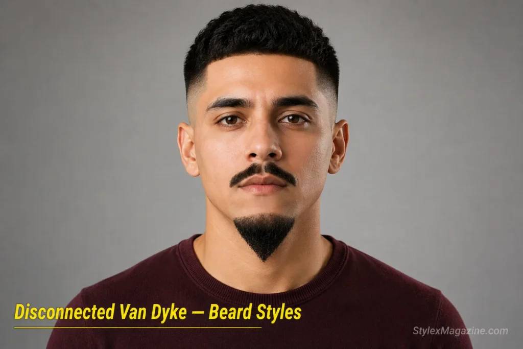 Man with a disconnected Van Dyke showing an exaggerated gap of bare skin between the mustache and chin piece