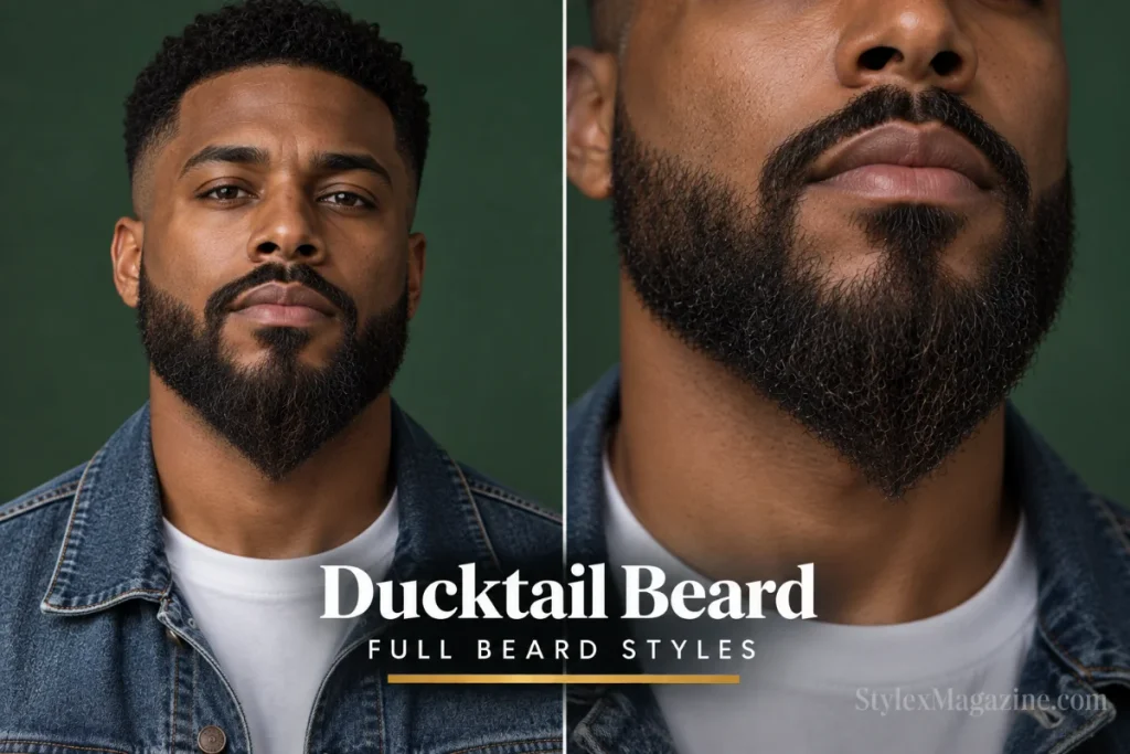 Ducktail beard tapering to a pointed V-shape at the chin with shorter sides, front view and close-up chin detail
