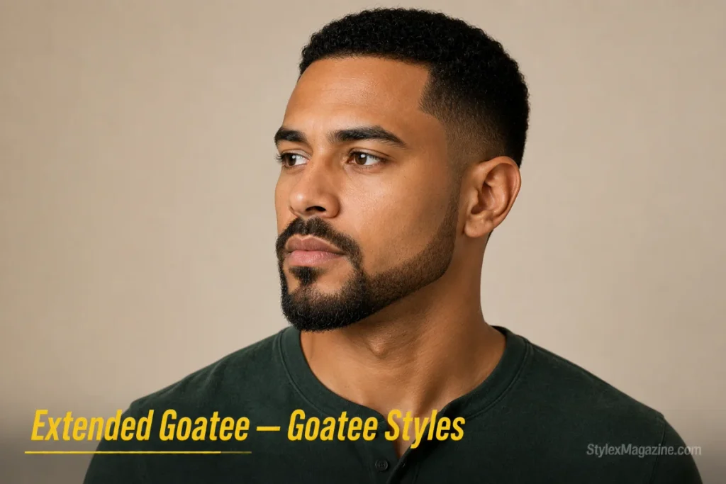 Man with an extended goatee, chin beard stretching along the jawline toward the ears without sideburns