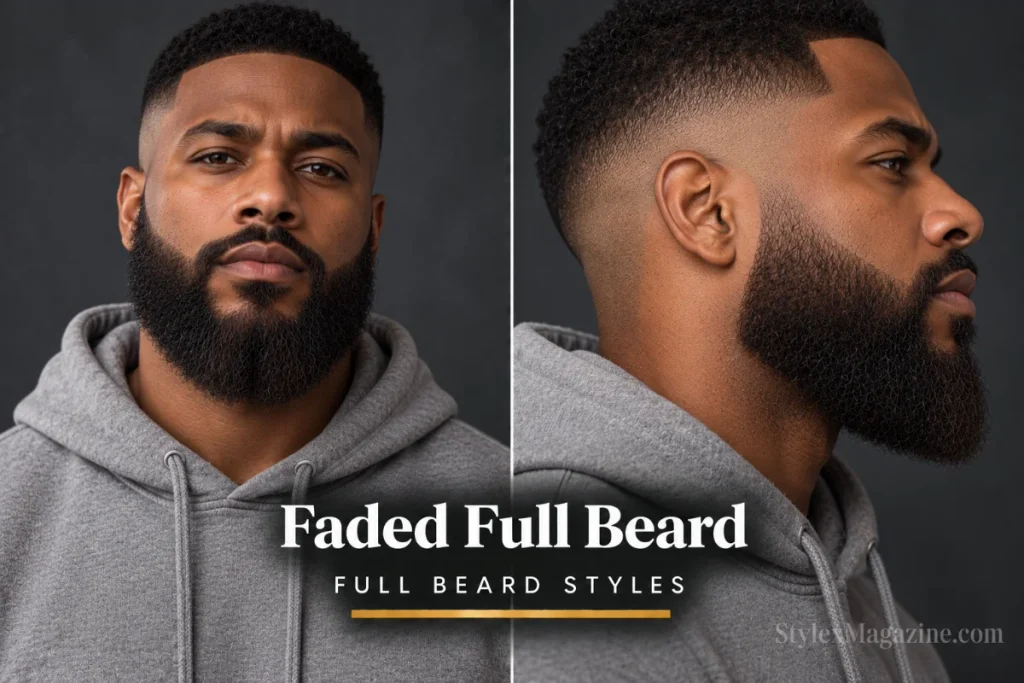 Faded full beard with sideburns blending from skin into full beard through a smooth gradient, front and side profile view