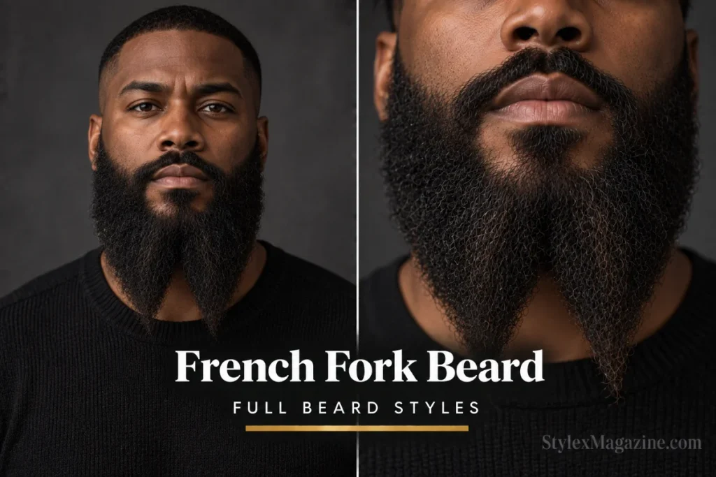 French fork beard splitting into two distinct points at the chin with shorter sides, front view and close-up chin detail showing the fork
