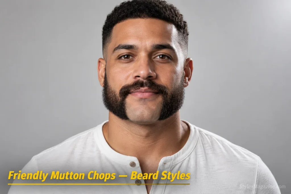 Man with friendly mutton chops: sideburns connected to a mustache in a horseshoe shape, chin clean-shaven
