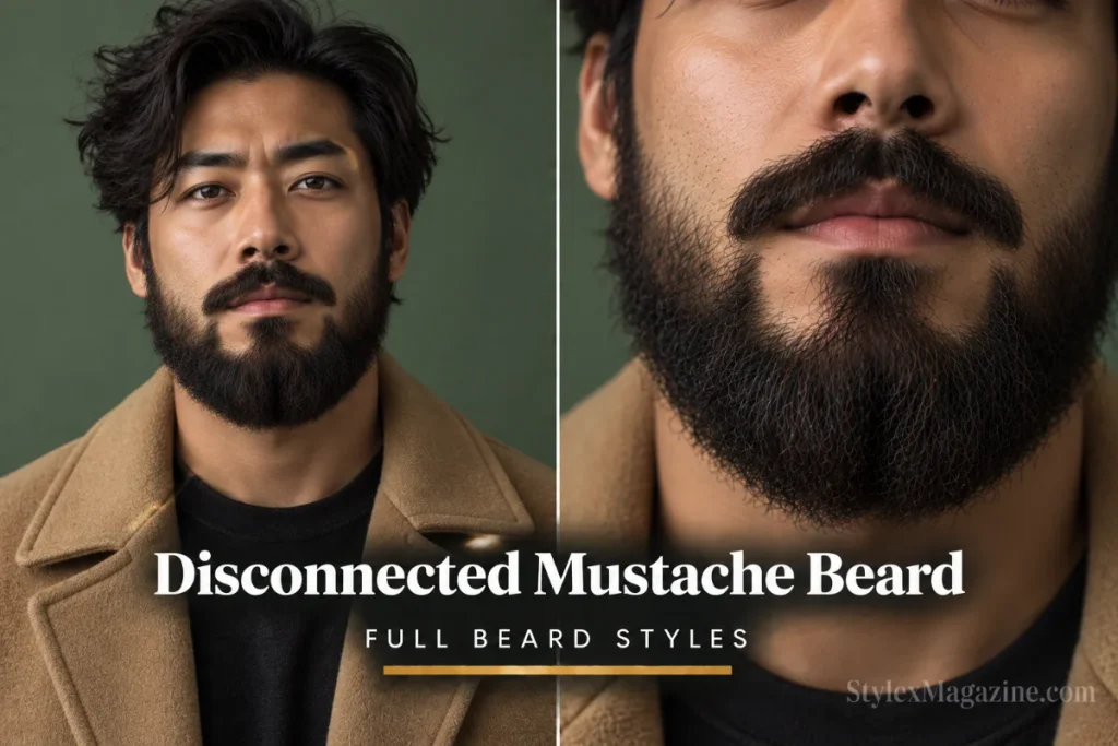Full beard with disconnected mustache showing shaved gap between mustache and beard on both sides of mouth, front view and close-up jawline