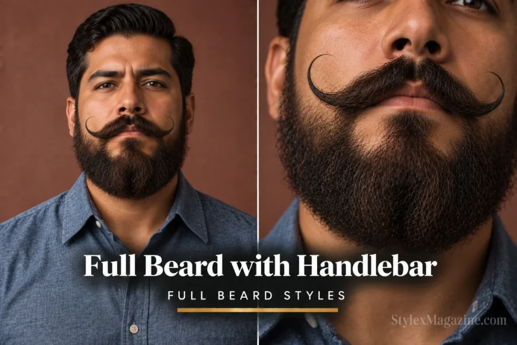 Full beard paired with a handlebar mustache with curled upward ends separate from the beard, front view and close-up mustache detail
