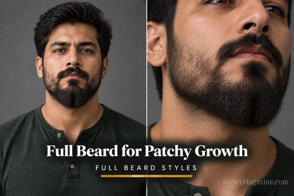 Full beard for patchy growth at 25mm with shorter length hiding uneven cheeks and longer chin drawing attention downward, front view and close-up chin