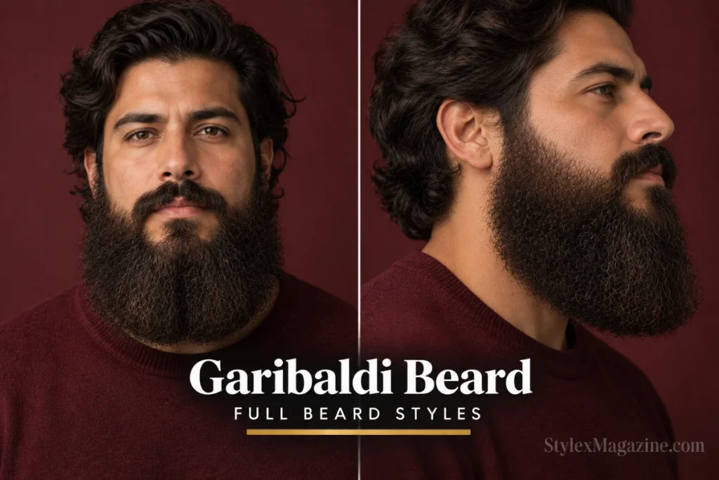 Garibaldi beard wide and rounded at the bottom with full volume on sides, front and side profile view
