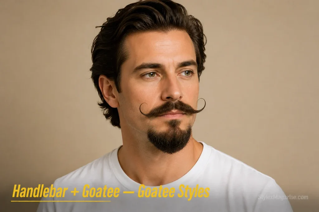 Man with a goatee paired with a curled handlebar mustache, chin beard below, flamboyant mustache above