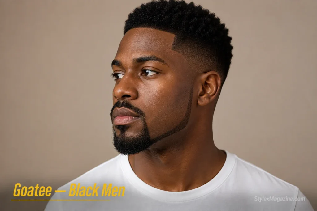 Black man with a goatee showing sharp edges against coily texture with a crisp line-up at the hairline