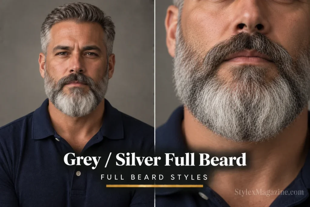 Grey silver full beard with coarse white and grey hair worn deliberately with clean shape and conditioned texture, front view and close-up