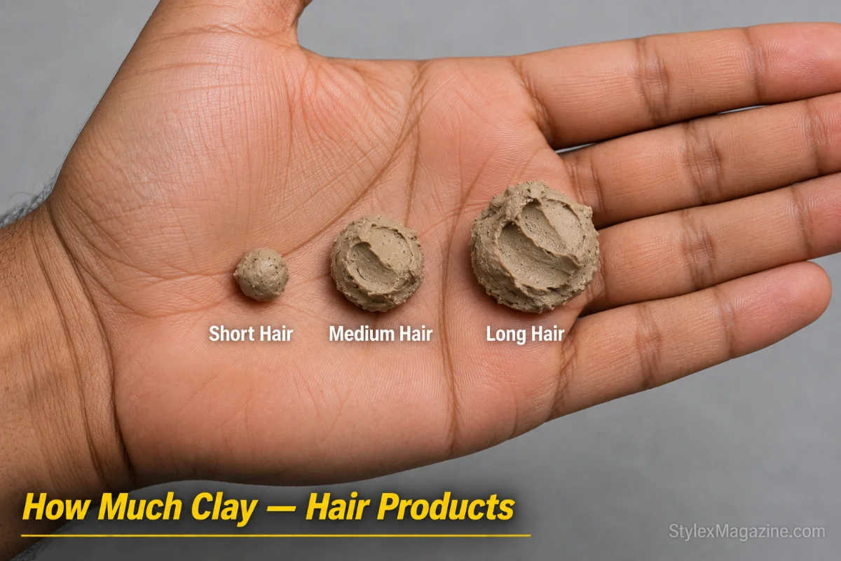 Open palm showing three hair clay amounts: pea-sized for short hair, dime-sized for medium, nickel-sized for long